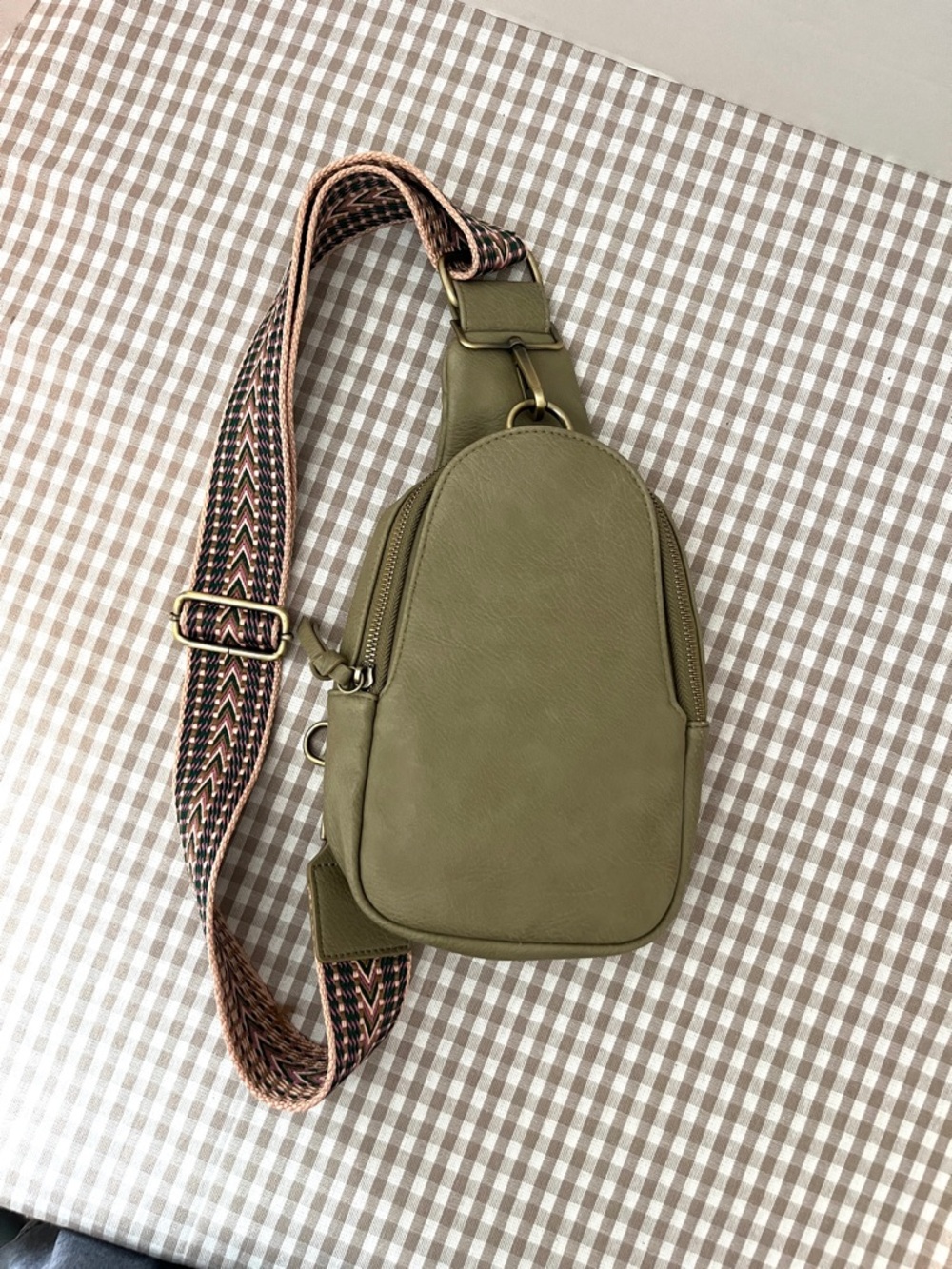 Anthropologie Olive Green Liberty Crossbody Sling Bag with Patterned Strap